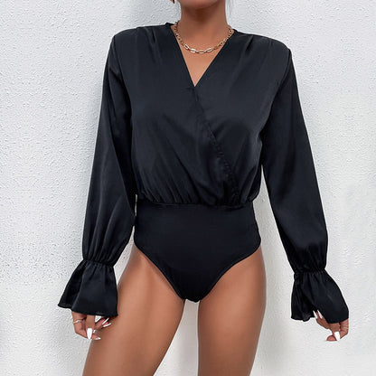Black Bodysuit with Wrap V-Neck and Lotus Leaf Sleeves