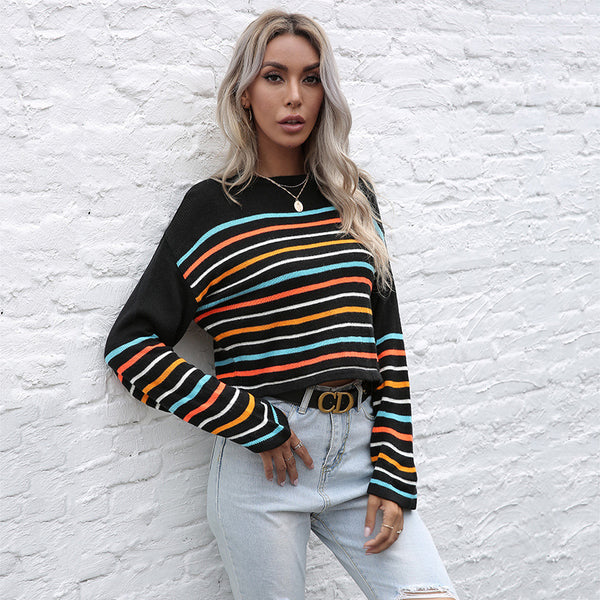 Loose Cropped Knit Sweater with Colorful Stripes