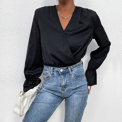 Black Bodysuit with Wrap V-Neck and Lotus Leaf Sleeves