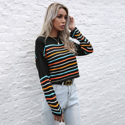 Loose Cropped Knit Sweater with Colorful Stripes