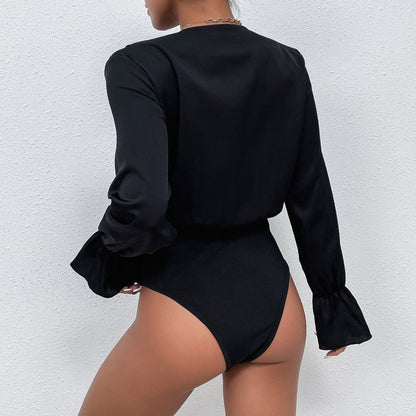 Black Bodysuit with Wrap V-Neck and Lotus Leaf Sleeves