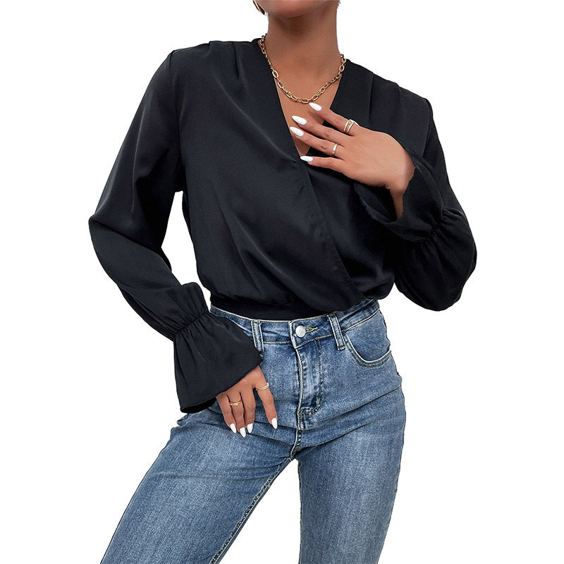 Black Bodysuit with Wrap V-Neck and Lotus Leaf Sleeves