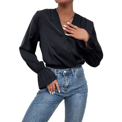 Black Bodysuit with Wrap V-Neck and Lotus Leaf Sleeves