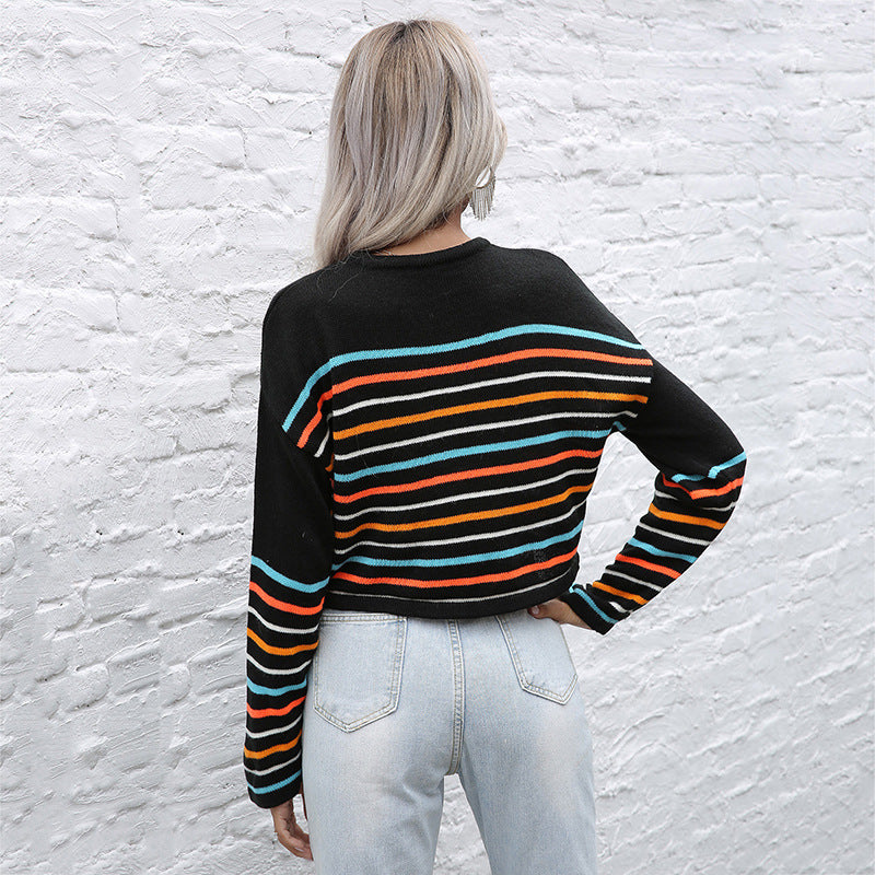 Loose Cropped Knit Sweater with Colorful Stripes