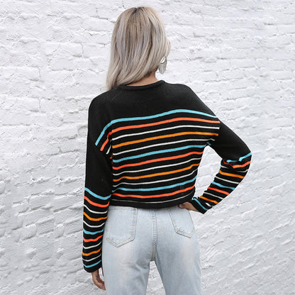 Loose Cropped Knit Sweater with Colorful Stripes