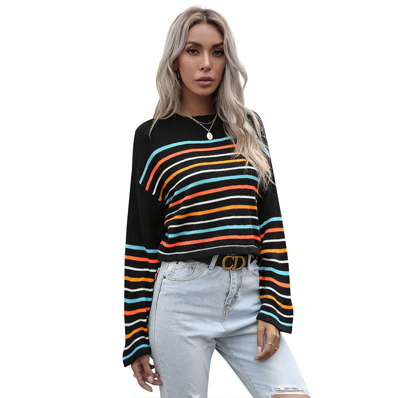 Loose Cropped Knit Sweater with Colorful Stripes