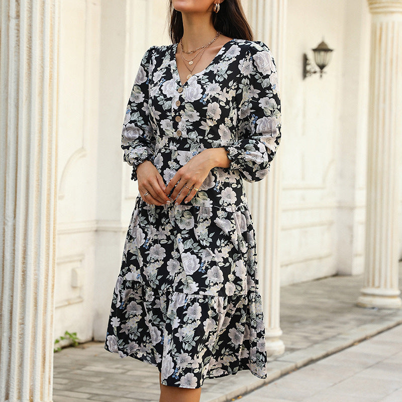 Floral Print A-Line Dress with V-Neck and Long Sleeves