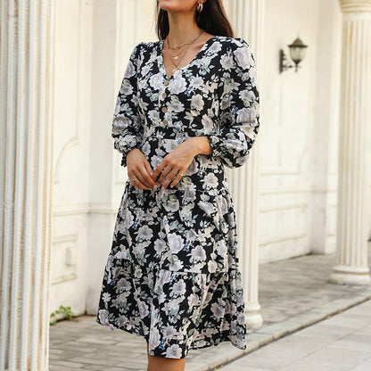 Floral Print A-Line Dress with V-Neck and Long Sleeves