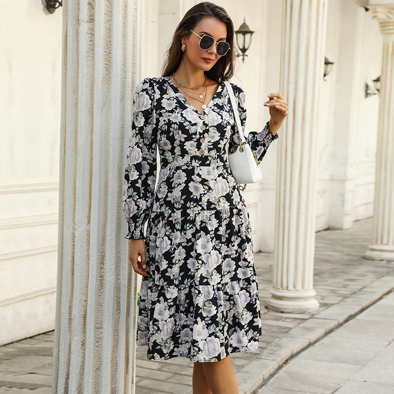 Floral Print A-Line Dress with V-Neck and Long Sleeves