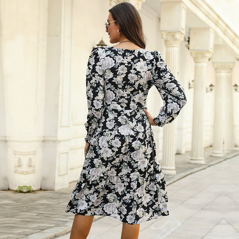 Floral Print A-Line Dress with V-Neck and Long Sleeves