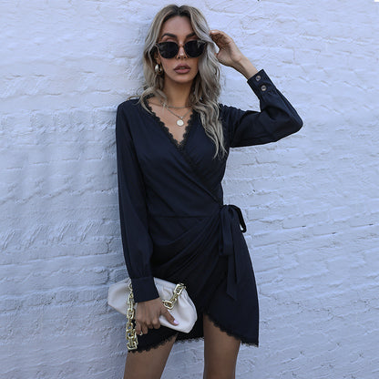 Solid Wrap Mini Dress with V-Neck and Lace Trim