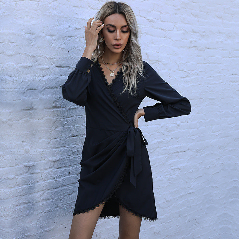 Solid Wrap Mini Dress with V-Neck and Lace Trim