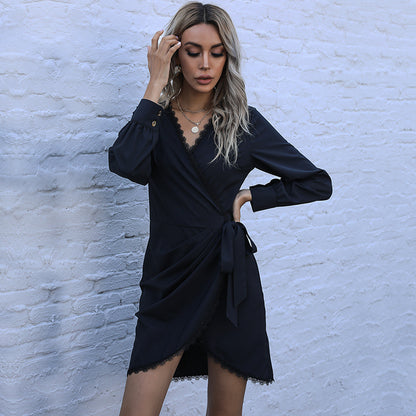 Solid Wrap Mini Dress with V-Neck and Lace Trim