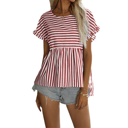 Mixed Stripe Peplum Top with Ruffle Short Sleeves