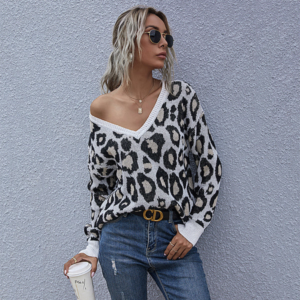 Leopard Print Knitted Pullover with Deep V-Neck