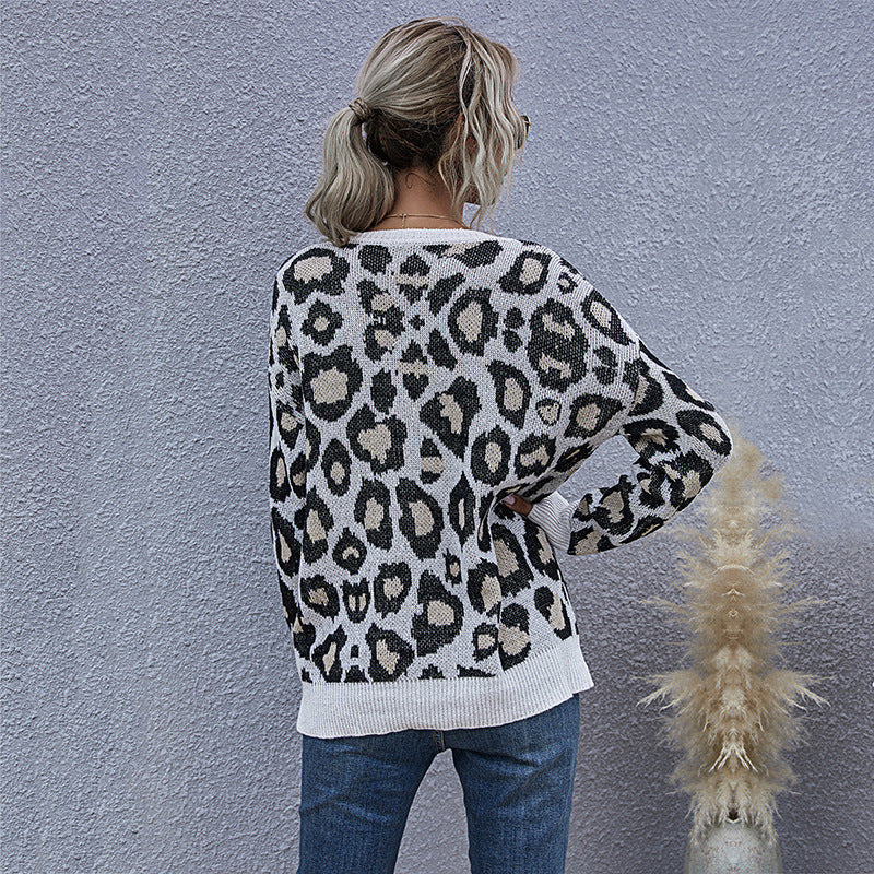 Leopard Print Knitted Pullover with Deep V-Neck