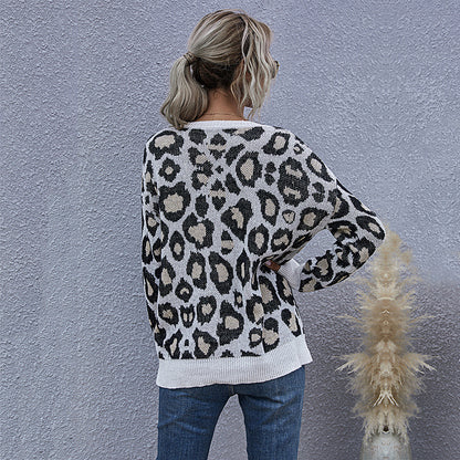 Leopard Print Knitted Pullover with Deep V-Neck
