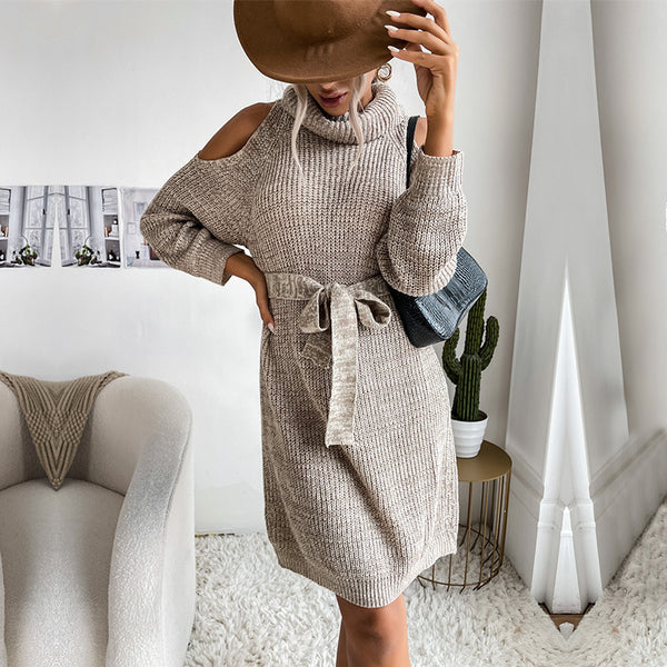 Solid Knit Sweater Dress with Cold Shoulder and Tie Belt