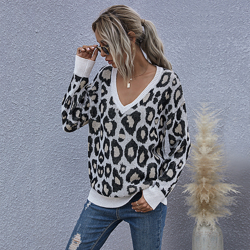 Leopard Print Knitted Pullover with Deep V-Neck