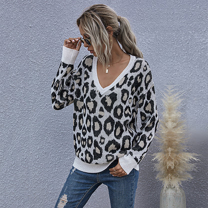 Leopard Print Knitted Pullover with Deep V-Neck