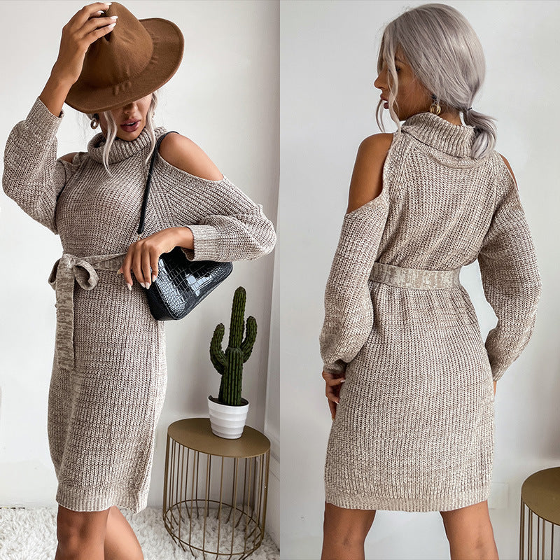 Solid Knit Sweater Dress with Cold Shoulder and Tie Belt