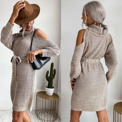Solid Knit Sweater Dress with Cold Shoulder and Tie Belt