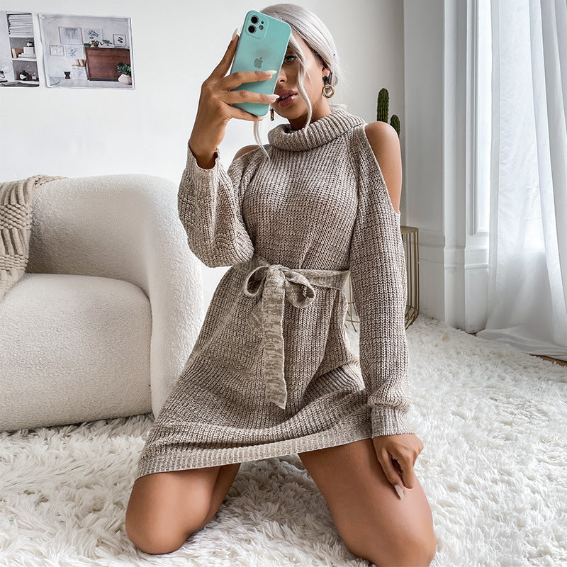 Solid Knit Sweater Dress with Cold Shoulder and Tie Belt