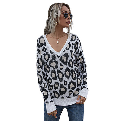 Leopard Print Knitted Pullover with Deep V-Neck
