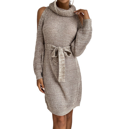 Solid Knit Sweater Dress with Cold Shoulder and Tie Belt