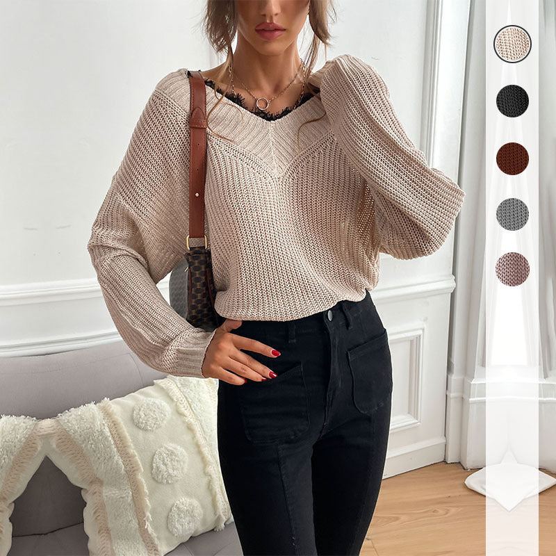 Loose Knit Pullover with V-Neck and Lace Trim