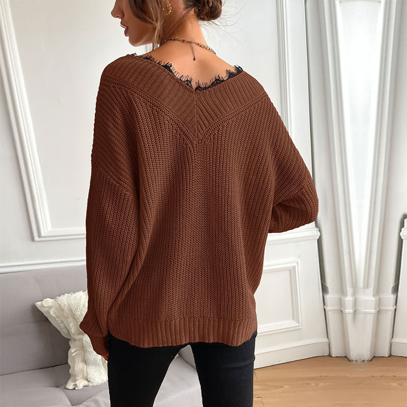 Loose Knit Pullover with V-Neck and Lace Trim