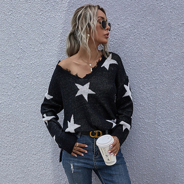 Stars Loose Long Sleeve Sweater with Frayed V-Neck