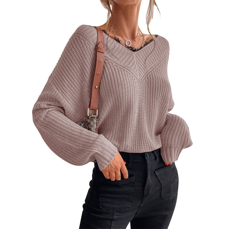 Loose Knit Pullover with V-Neck and Lace Trim