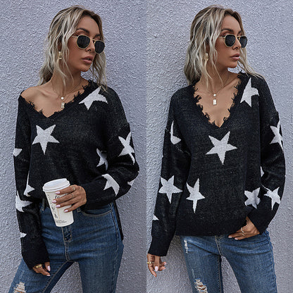 Stars Loose Long Sleeve Sweater with Frayed V-Neck