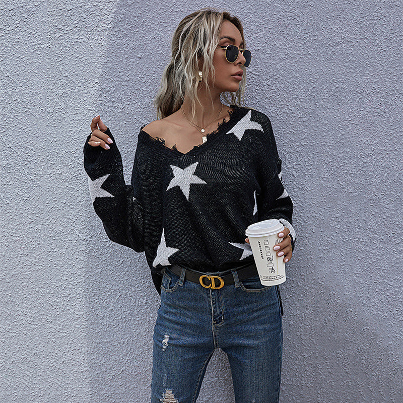 Stars Loose Long Sleeve Sweater with Frayed V-Neck