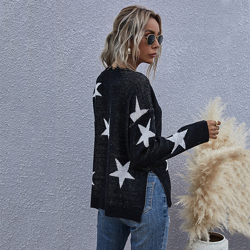 Stars Loose Long Sleeve Sweater with Frayed V-Neck