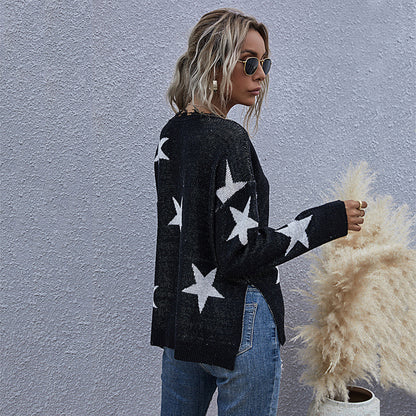 Stars Loose Long Sleeve Sweater with Frayed V-Neck