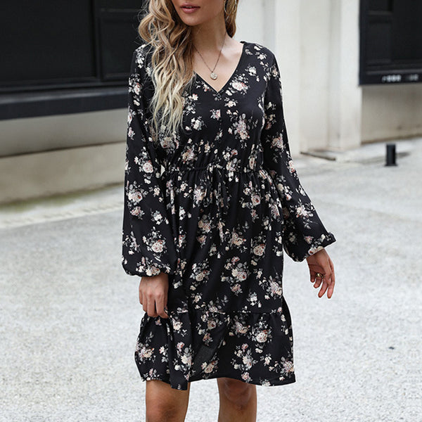 Black Floral Print A-Line Dress with V-Neck and Tie Waist