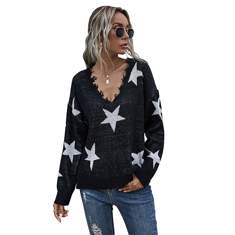 Stars Loose Long Sleeve Sweater with Frayed V-Neck
