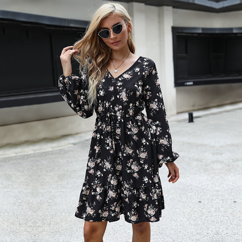 Black Floral Print A-Line Dress with V-Neck and Tie Waist