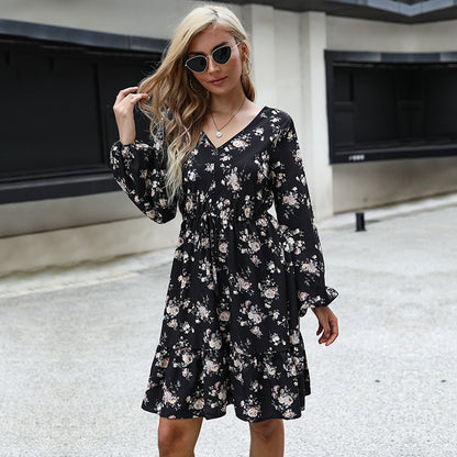 Black Floral Print A-Line Dress with V-Neck and Tie Waist