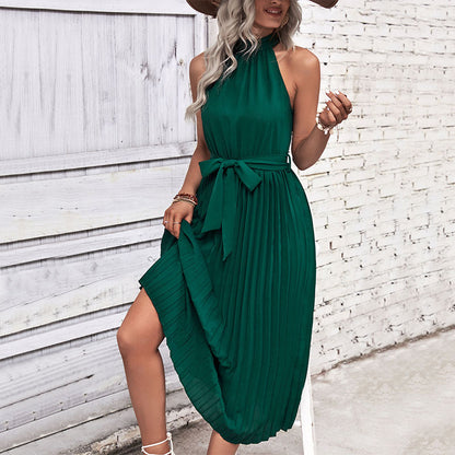 Halter Midi Dress with Pleated Skirt and Tie-Waist