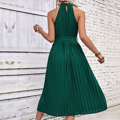 Halter Midi Dress with Pleated Skirt and Tie-Waist