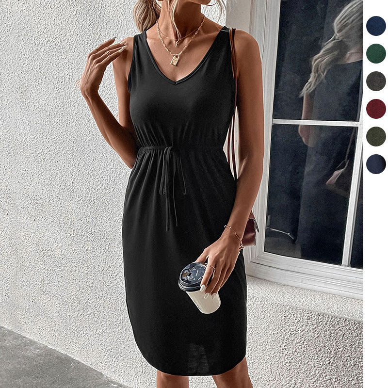 Sleeveless V-Neck Midi Dress with Tie-Waist