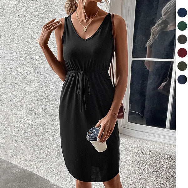 Sleeveless V-Neck Midi Dress with Tie-Waist