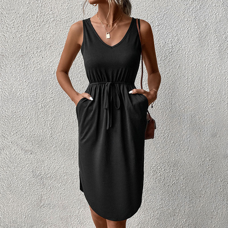 Sleeveless V-Neck Midi Dress with Tie-Waist