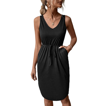 Sleeveless V-Neck Midi Dress with Tie-Waist
