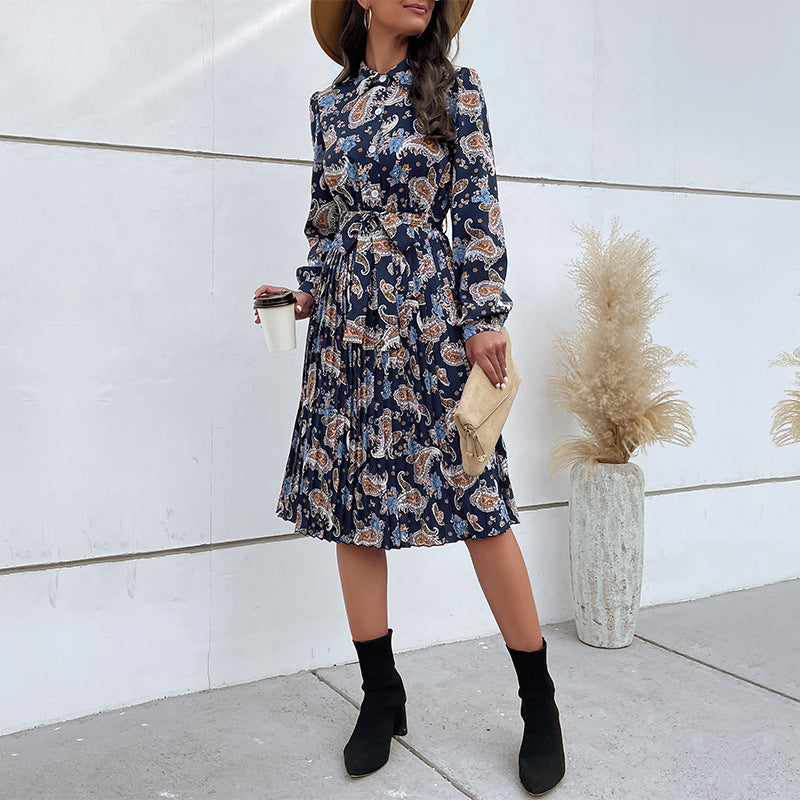 Paisley Print Shirt Dress with Pleated Midi Skirt