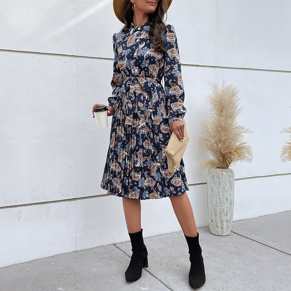 Paisley Print Shirt Dress with Pleated Midi Skirt