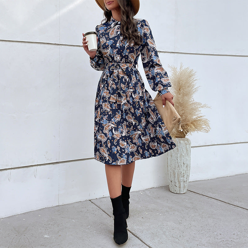 Paisley Print Shirt Dress with Pleated Midi Skirt